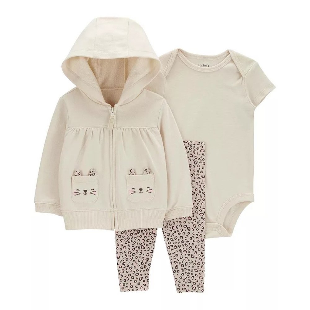 Baby Girl Carter's Cream 3-Piece Cat Print Little Jacket Set